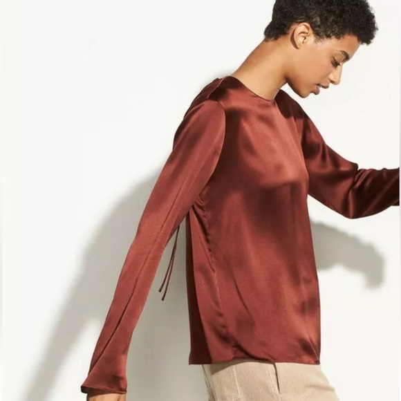 Vince Tops - Vince “Jasper” Silk Split Tie Back Blouse Long Sleeve Flowy Copper Shimmer, XL